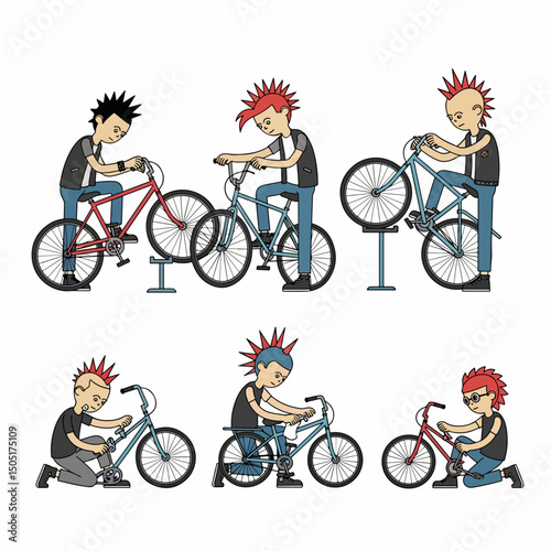 Punks fixing bicycles at workshop or home