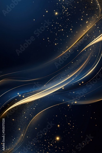 Luxurious deep blue background with elegant golden curves and sparkling highlights.