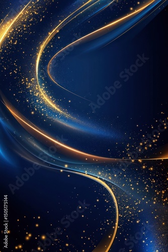 Luxurious deep blue background with elegant golden curves and sparkling highlights.
