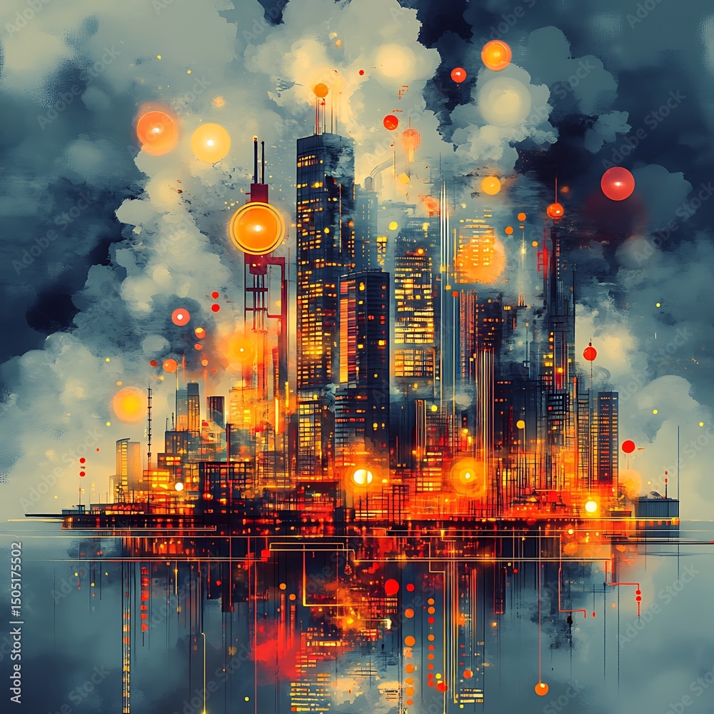Obraz premium Abstract digital illustration depicting a glowing cityscape reflecting in water for a high resolution image