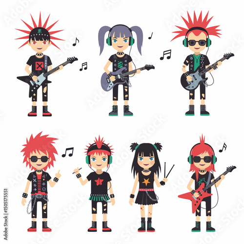 Punk rockers cartoon music band performing style