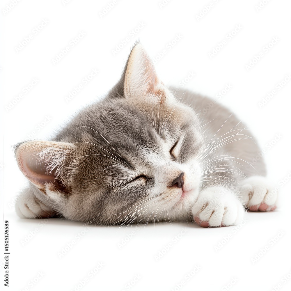 Obraz premium Adorable Grey Kitten Napping Peacefully in a State of Serene Calm and Tranquil Sleep on White Backdrop