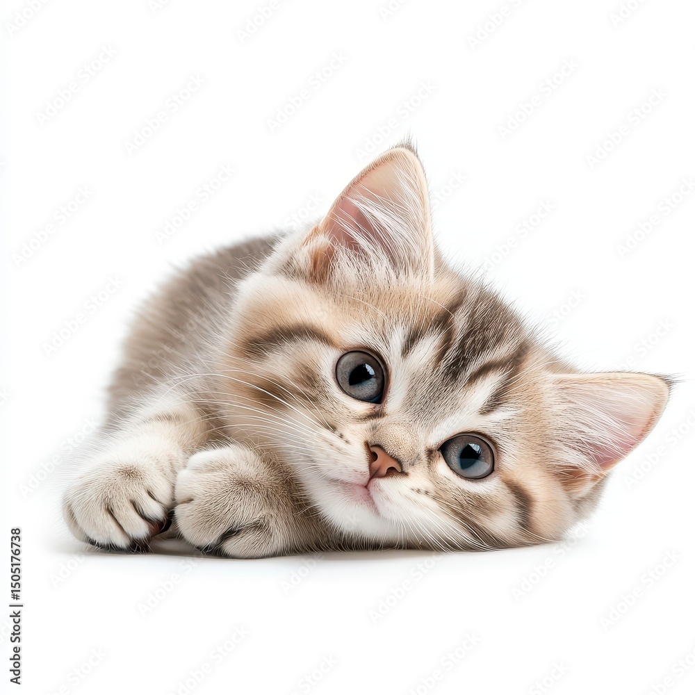 Adorable Kitten with Big Eyes Relaxing on Clean White Backdrop Expressing Innocence and Cutness Adorable Kitten with Big Eyes Relaxing on Clean White Backdrop Expressing Innocence and Cutness