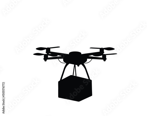 Silhouette of a drone carrying a box on white background