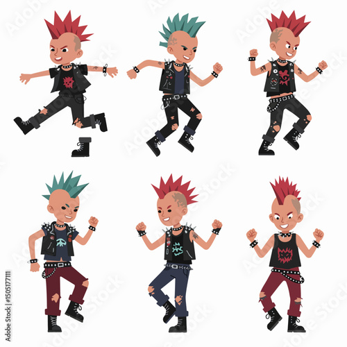 Punk kids characters with mohawk and punk style