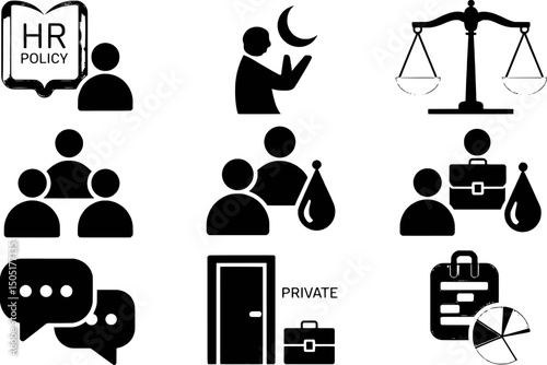 Hr policy icons: teamwork, privacy, law, and communication