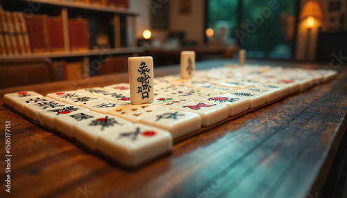 Mahjong game on a wooden table with cozy lighting for a relaxing atmosphere
