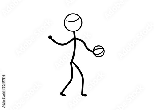 Simple Black and White Stickman Character Playing Basketball in Cartoon Outline Style Holding a Ball in Monochrome Sports Illustration