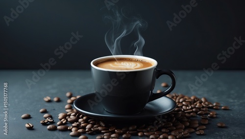 Coffee Cup with a Heart-Shaped Latte Art Surrounded by Scattered Coffee Beans