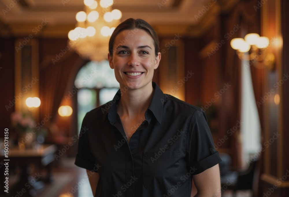 Fototapeta premium Coat-check attendant smiling in an elegant foyer setting