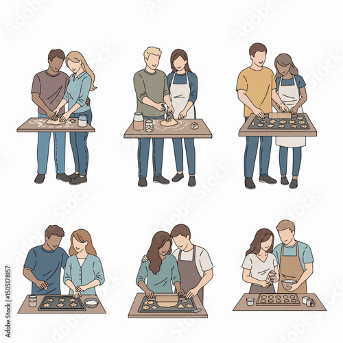 Couples baking together, diverse people at kitchen