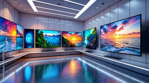 Showroom with Multiple LED Televisions Displaying Vivid Landscapes Modern Interior