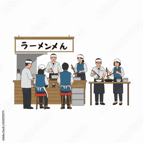 Ramen shop with chefs and customers