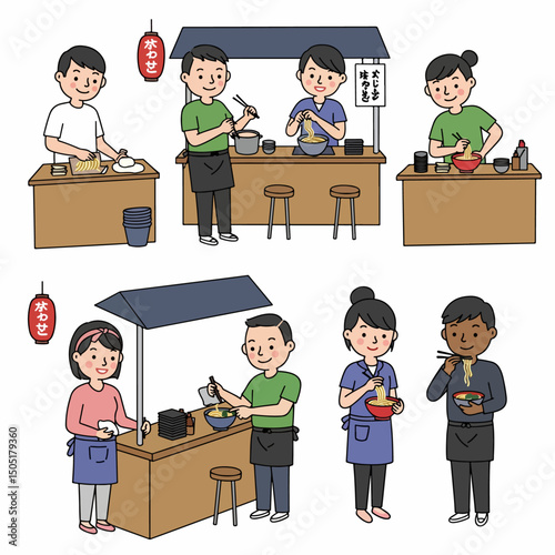 People at ramen food stall noodle cooking