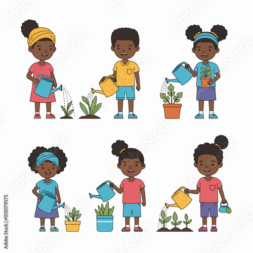 Kids gardening plants, watering young growth seedlings
