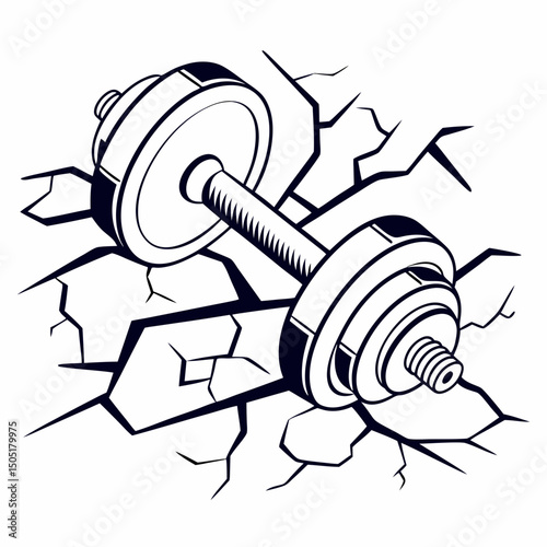 Line art dumbbell emerging from cracked surface icon
