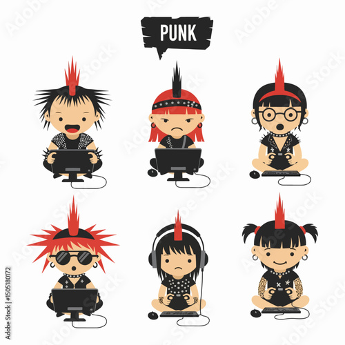 Punk gamers characters with mohawk playing online