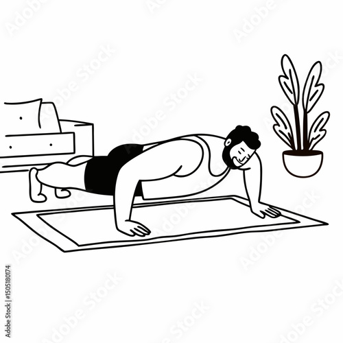 Plus size man doing pushups at home workout outline