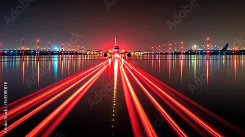 Eye-level shot of an aircraft approaching at night, runway lights creating streaks as it glides toward the viewer