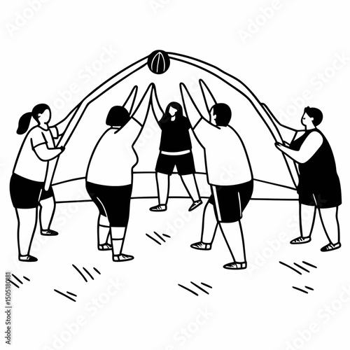 Team sports sketch with plus size people collaborating actively