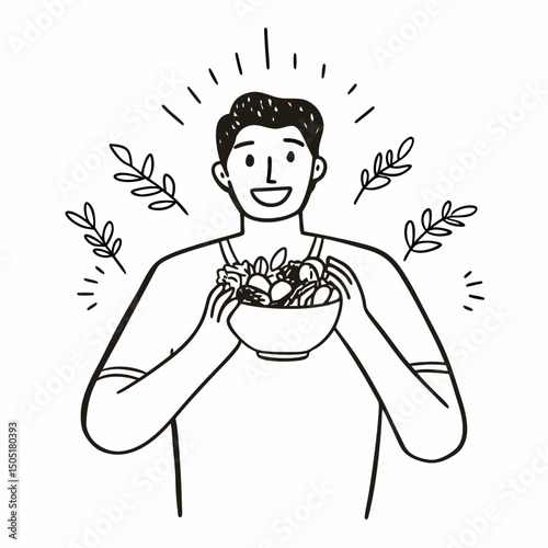 Cheerful man eating salad showing healthy lifestyle motivation