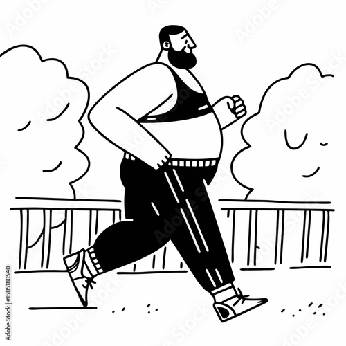 Bearded plus size guy jogging in fitness clothes outline