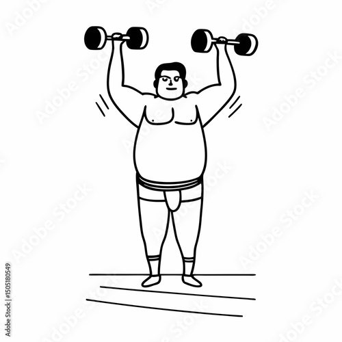 Strong plus size man lifting weights in line drawing