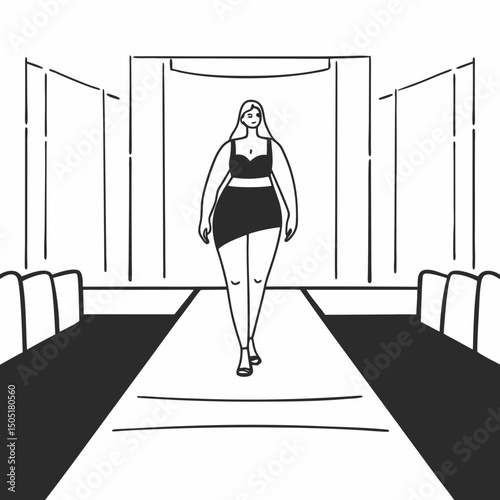 Chic plus size fashion model walking runway in minimal art