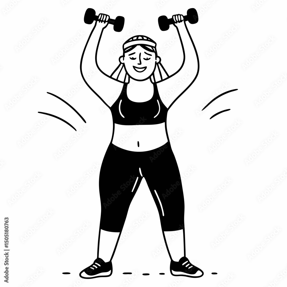 Fototapeta premium Smiling plus size woman lifting dumbbells in sporty outfit