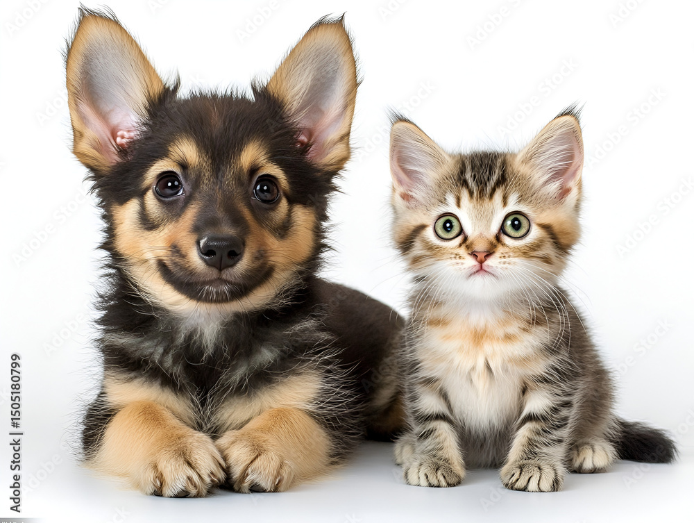 Obraz premium An adorable group of puppies, kittens, and other pets sitting together on a white background