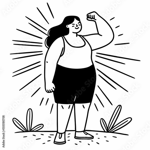Plus size woman flexing bicep with empowering expression