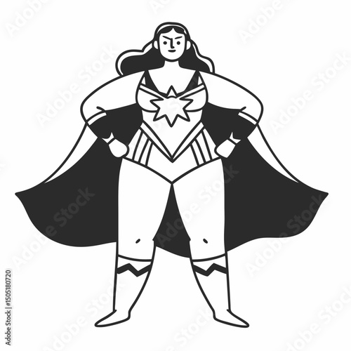 Powerful plus size superhero woman in strong pose outline