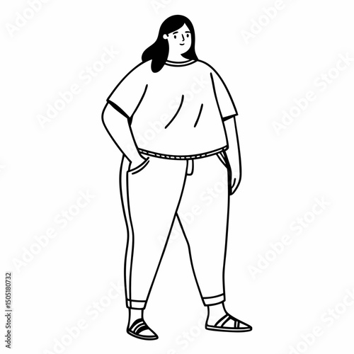 Casual fashion outfit on confident plus size woman outline