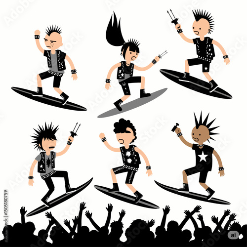 Punk surfers crowd enjoying extreme water sport