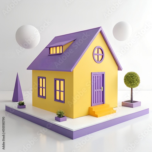 Explore the Best 3D Colorful House Icon with Purple Roof and Yellow Walls for Real Estate and Home Design Inspiration