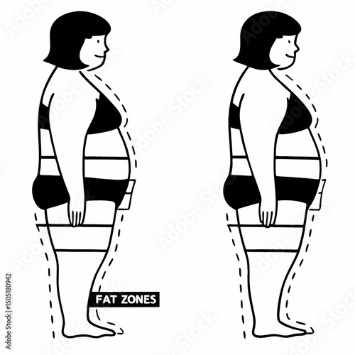 Overweight female side profile with body fat zones labeled