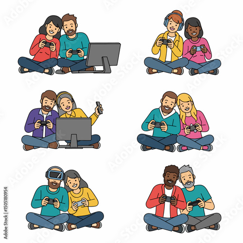 Couples playing video games diverse relationships