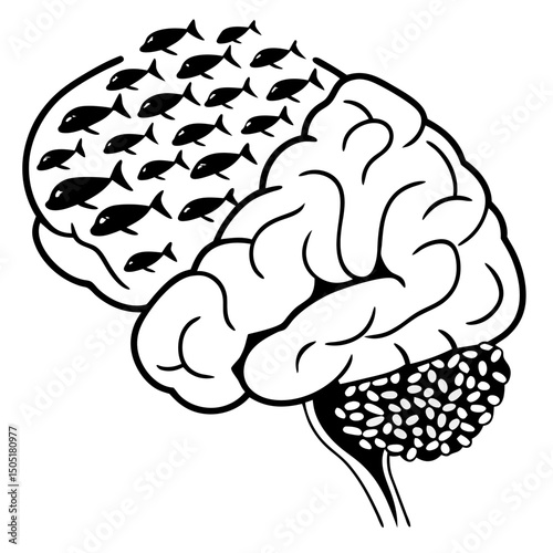 Brain absorbing omega-3 fatty acids from fish in vector