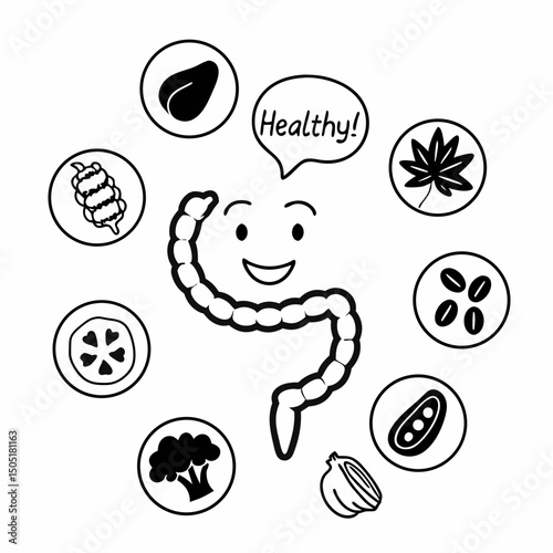 Happy gut with icons of seeds, nuts, and oils