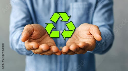 hands presenting a green recycling symbol, emphasizing environmental responsibility and sustainability. Concept: recycling, eco awareness, waste reduction, green living
