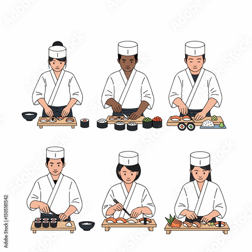 Chefs preparing and cutting various types of sushi