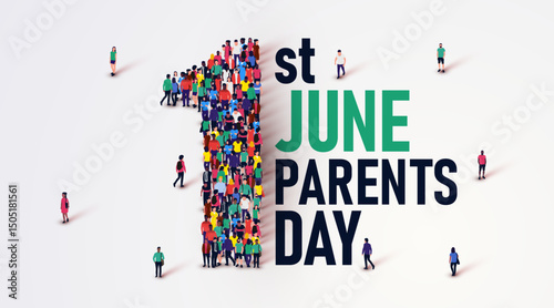 Happy parents day concept poster. Large group of people stands in the shape of the number 1. 1st of June.