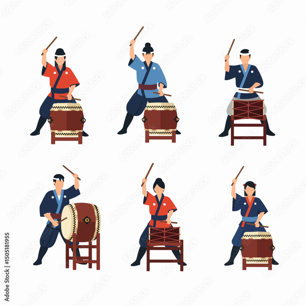 Taiko drummers playing traditional drums ensemble performance