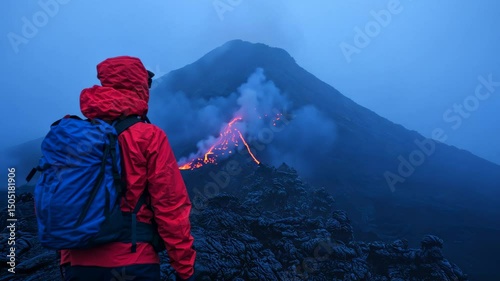 Hiker in red jacket and blue backpack observing an erupting volcano, Lava flow and smoke visible. Concept: natural disaster, volcanic eruption, adventure, geological activity, risk awareness