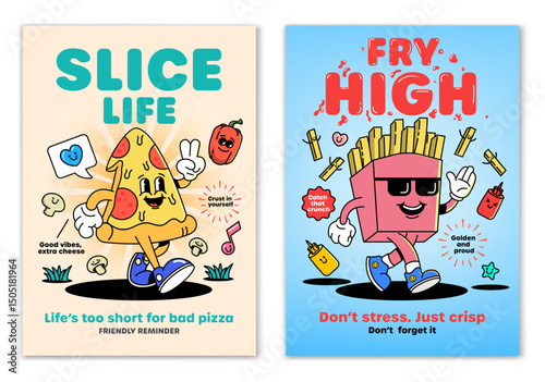 Retro cartoon smiled Pizza slice and French Fries box mascot character surrounded by smiled elements and motivation lettering. Illustration for t-shirt print or poster design. Vector illustration
