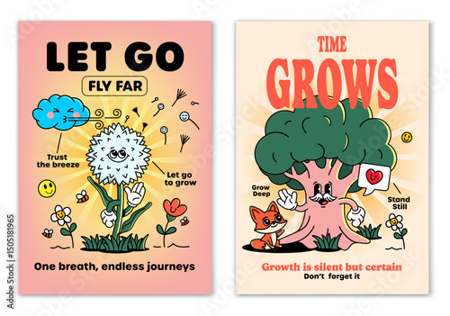 Retro cartoon smiled Dandelion and Old Tree mascot character surrounded by smiled elements and motivation lettering. Illustration for t-shirt print or poster design. Vector illustration