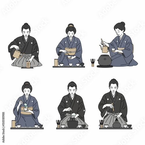 Japanese tea ceremony preparation demonstration drawing