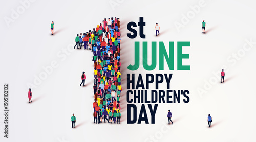 Happy children's day concept poster. Large group of people stands in the shape of the number 1. 1st of June.