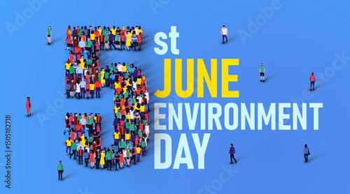 Happy environment day concept poster. Large group of people stands in the shape of the number 5. 5th of June.