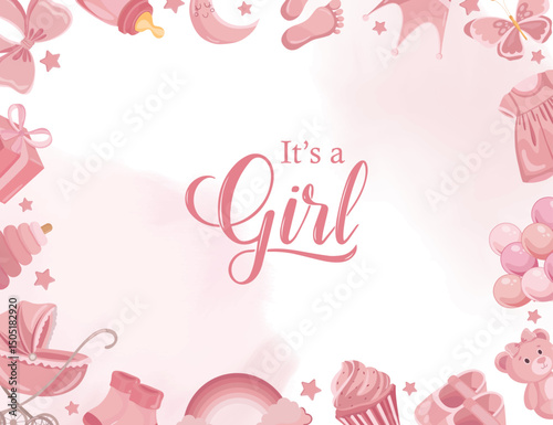 Its a girl cute pink background with little baby flat illustrations